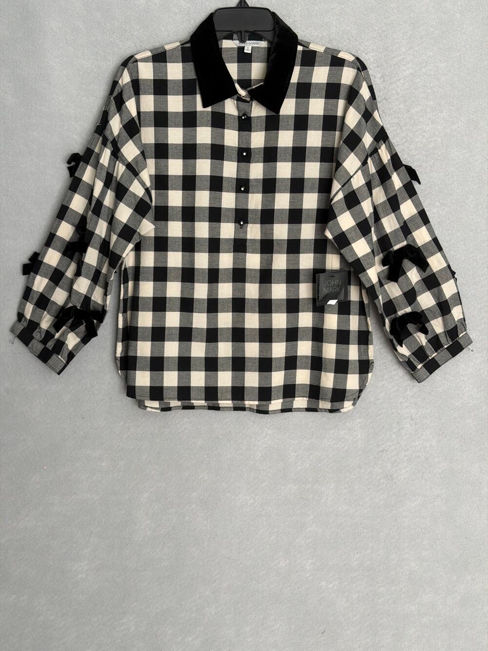 John Mark Plaid Bow Sleeve Top Pop-Over Black & White Women's Small NEW